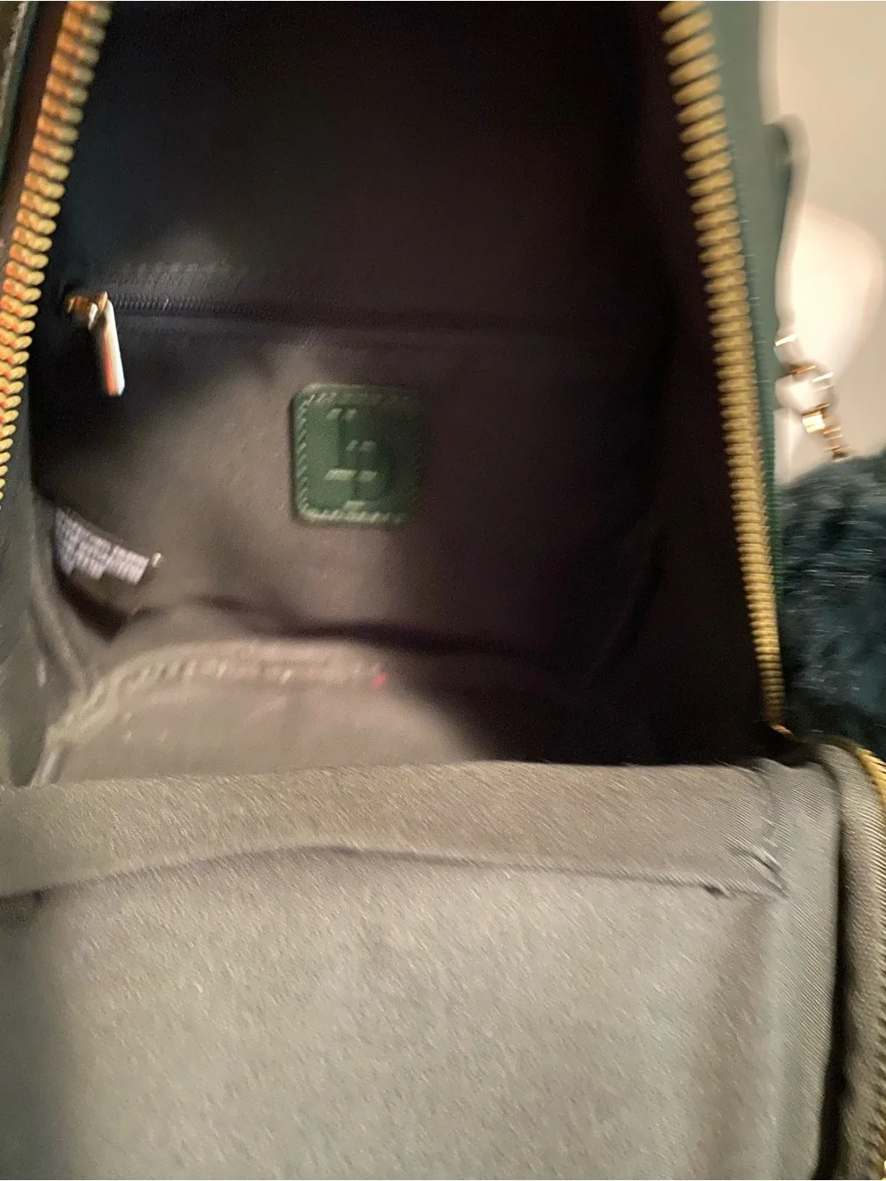 'Love' Embroidered Mini Backpack with Pom Accent in Dark Green